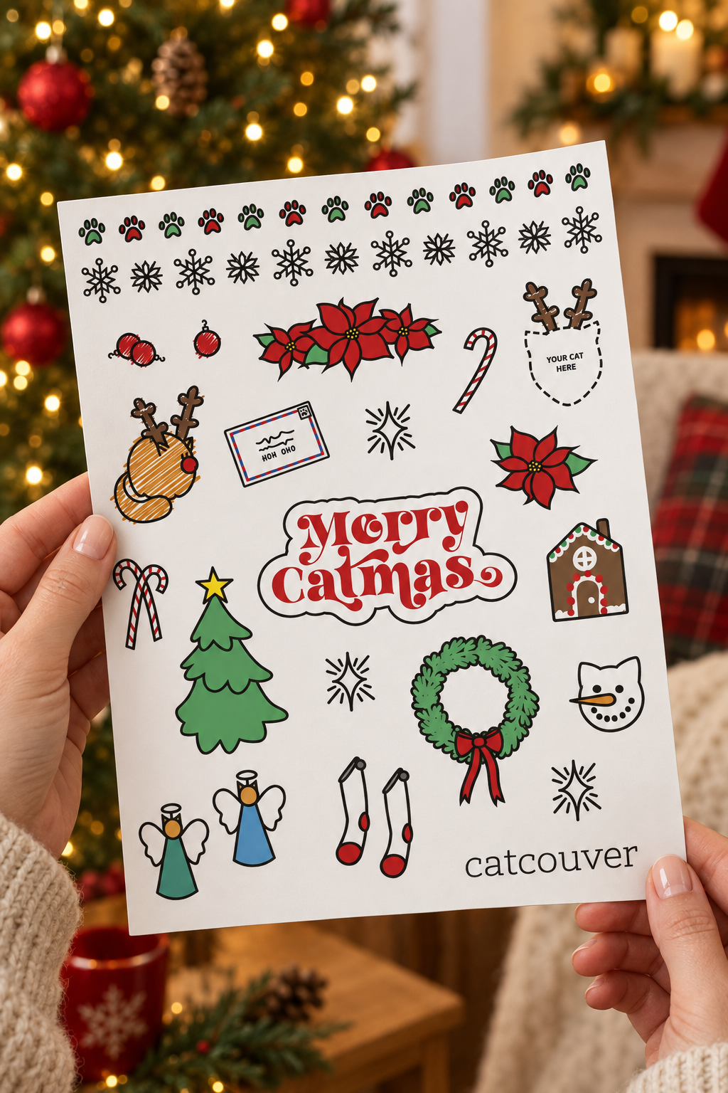 Angled Merry Catmas sticker sheet held in a cozy holiday setting