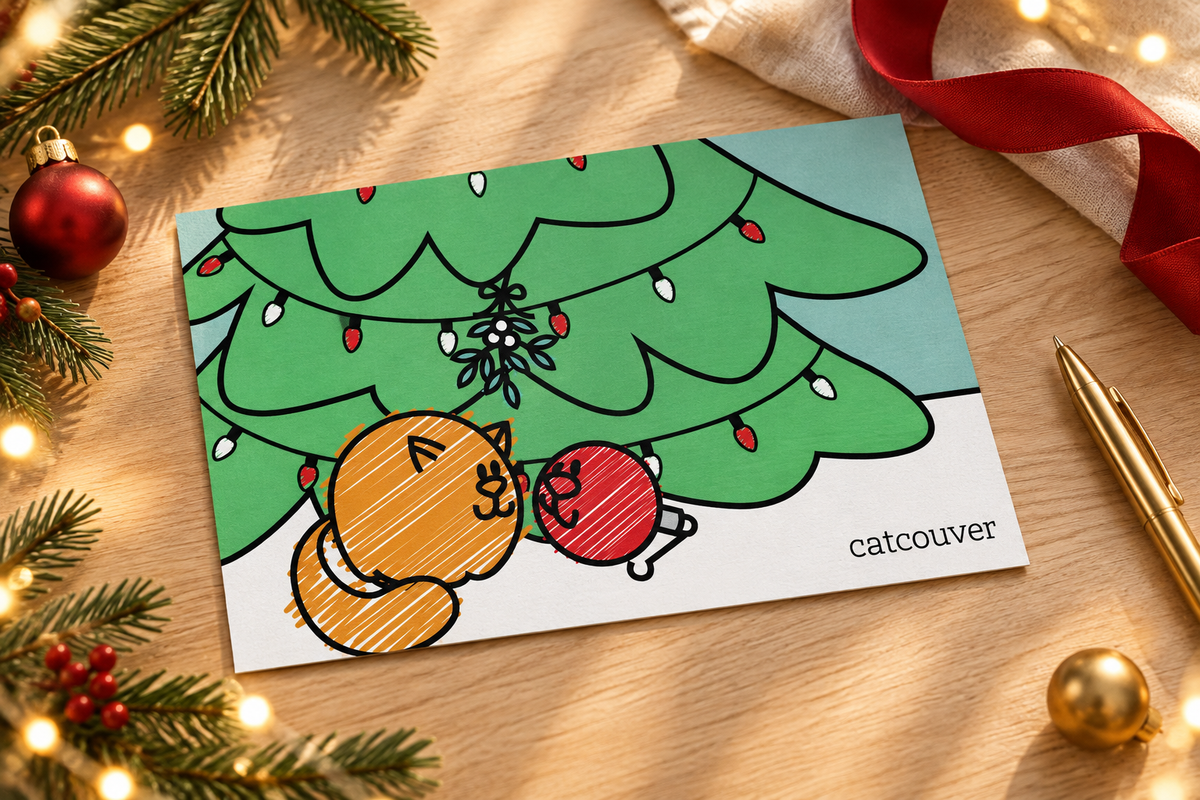 Full-bleed Christmas tree and cats postcard mockup