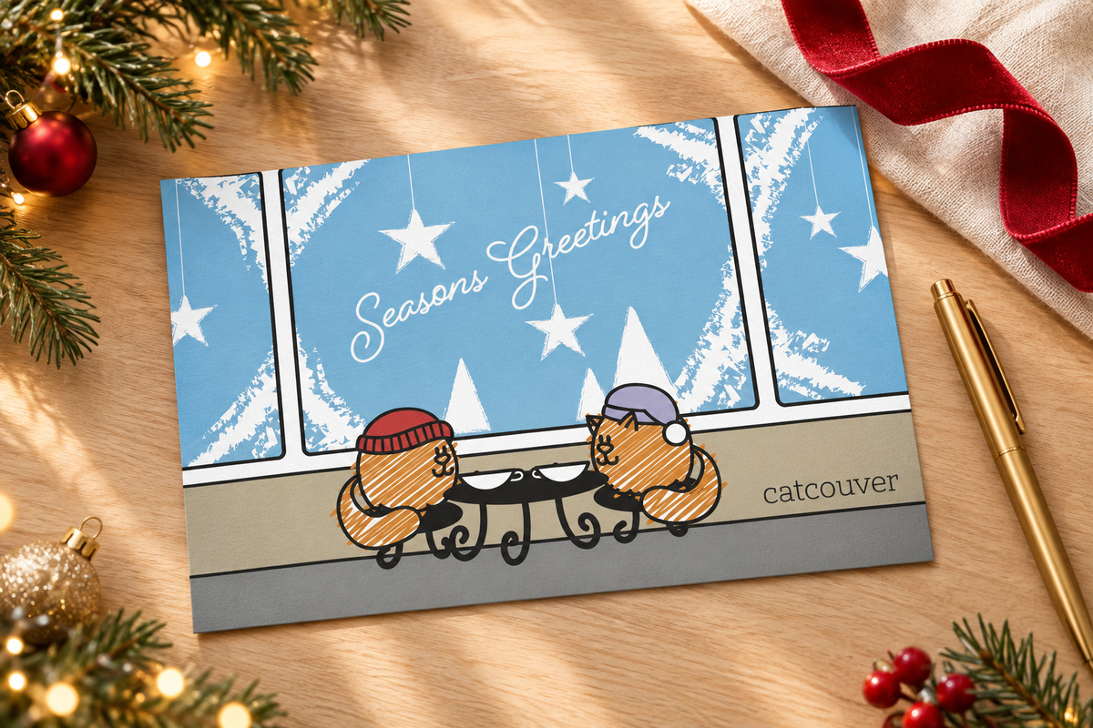 Full-bleed Season’s Greetings Catcouver postcard mockup