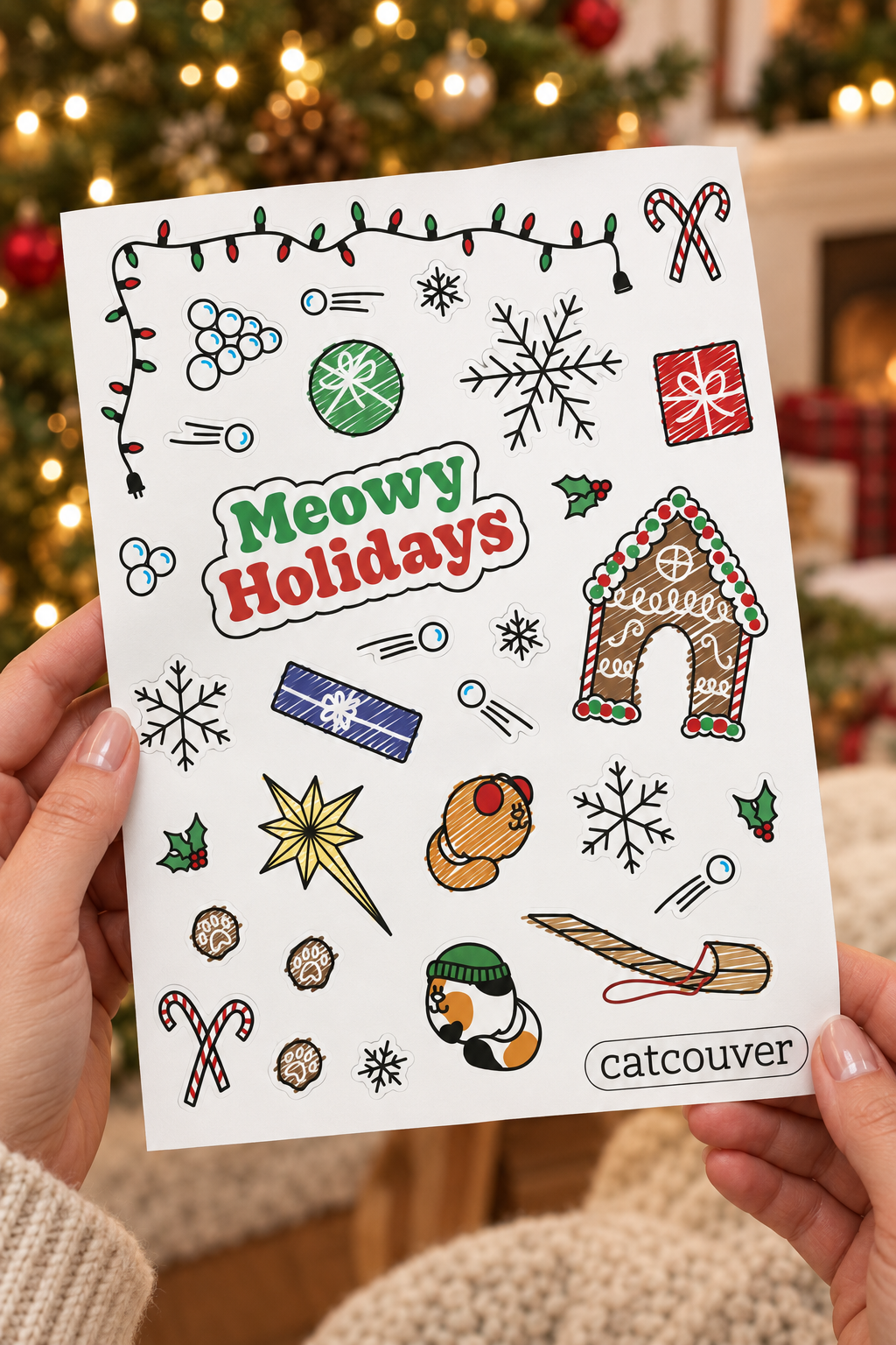 Meowy Holidays sticker sheet held at an angle in a festive setting