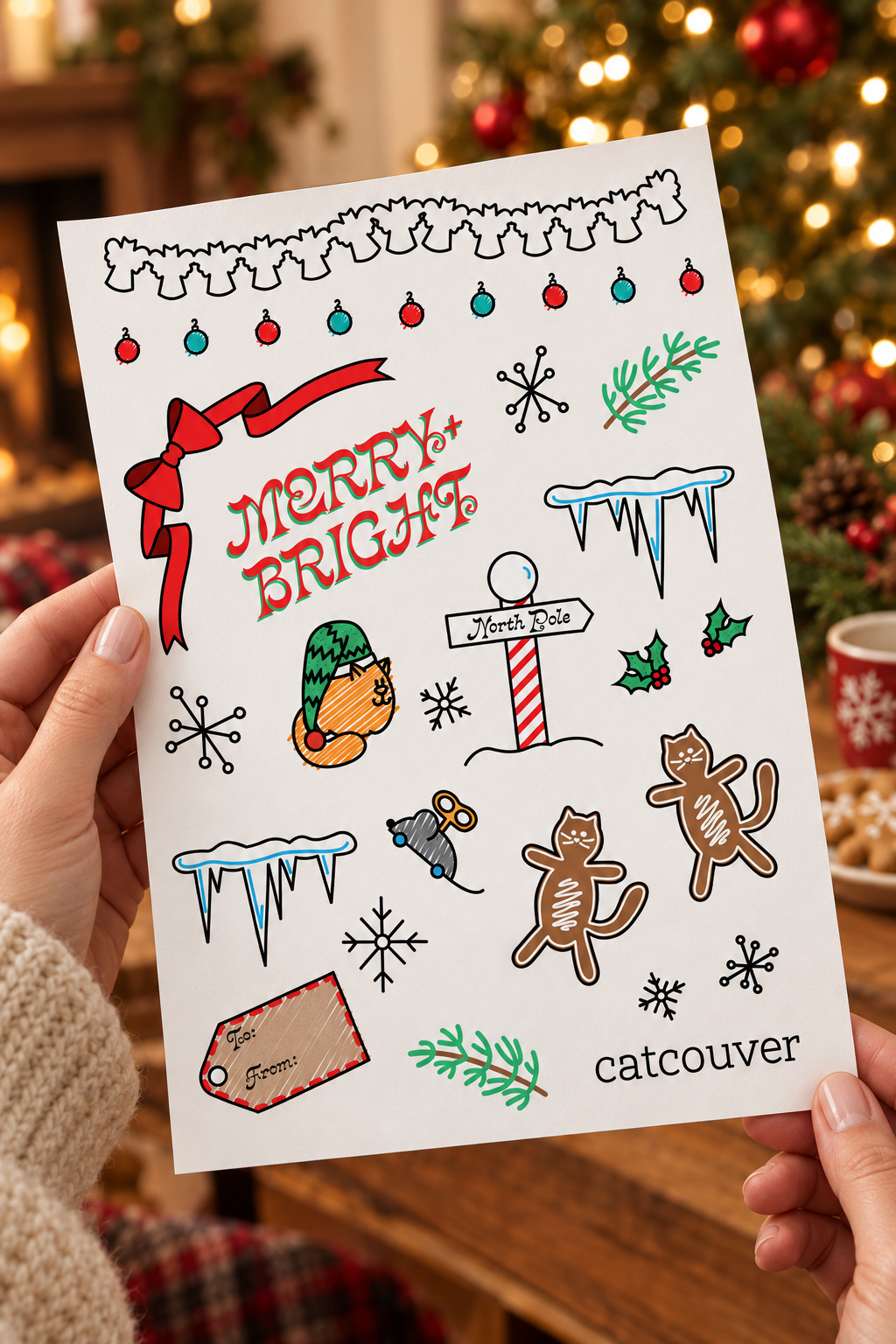 Merry Bright sticker sheet held at an angle in a holiday setting