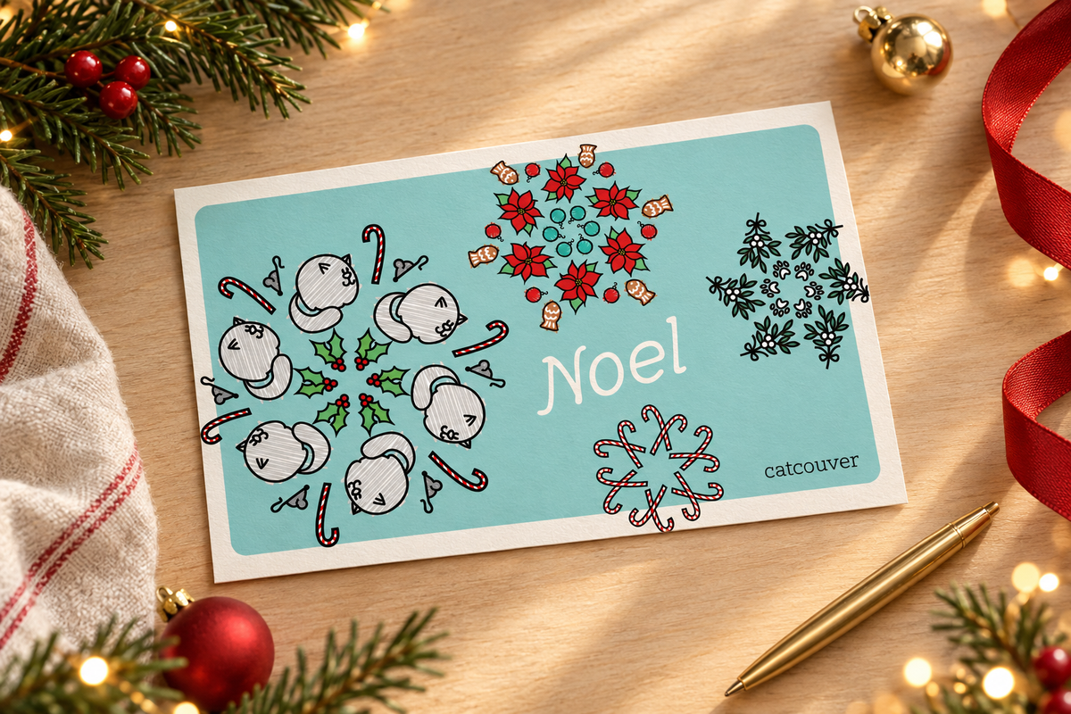 Noel Catcouver postcard on a festive desk
