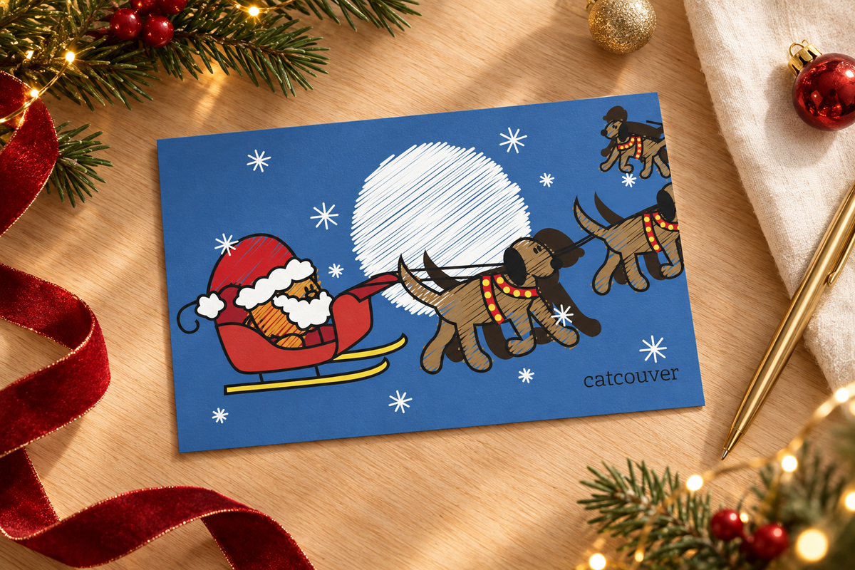 Sleigh holiday postcard on a festive stationery desk