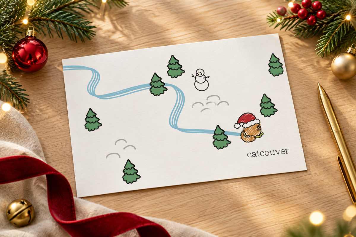 Snowy Catcouver holiday postcard on a cozy festive desk